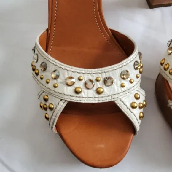 Car Shoe Studded Ankle Strap Block Heel Sandals White/Brown Women's 40/US 10 - Picture 8 of 12